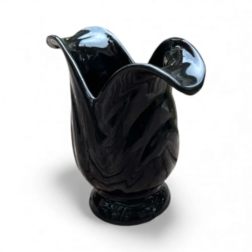 Fabulous Vintage Art Nouveau Pottery Vase Glossy Black Open Flower Petal Design